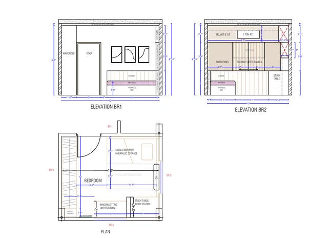 Bedroom wall elevations with wardrobe and study table