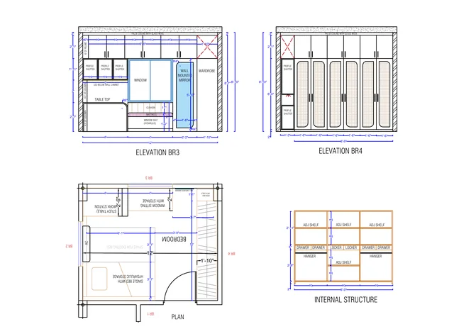 Bedroom wardrobe elevations and internal structure
