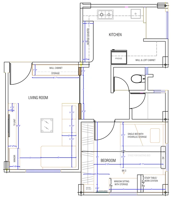 Furniture layout plan for a living room, kitchen and bedroom