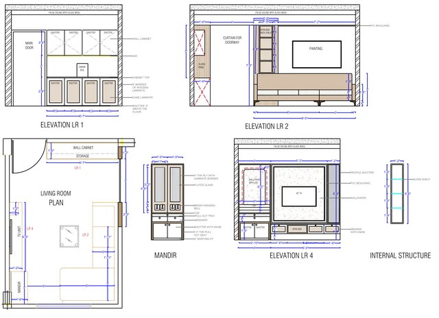 Living room wall elevations with TV unit, mandir and storage
