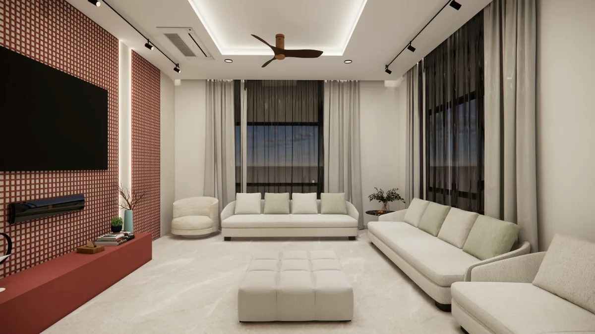 Family lounge with a terracotta lattice TV wall, track lights and long sofas