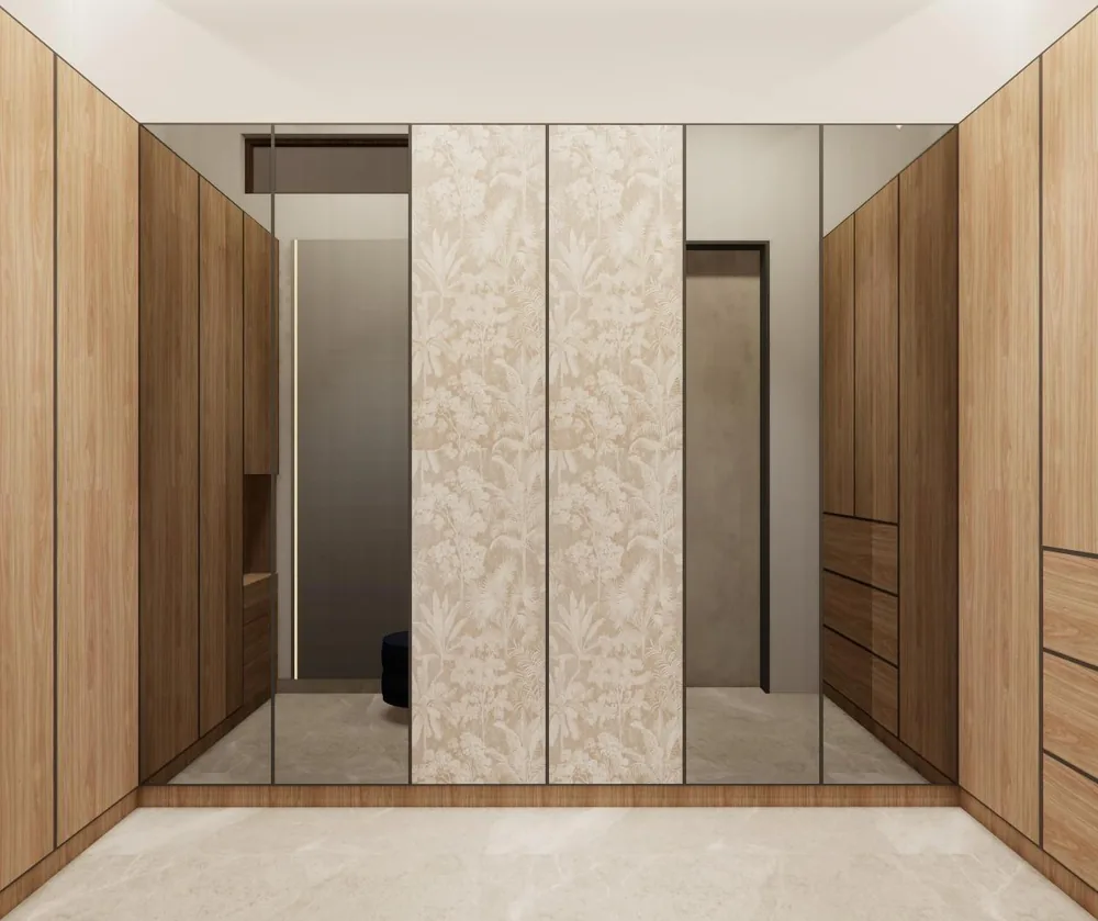 3D view of a walk-in wardrobe with wood-grain shutters and a printed panel