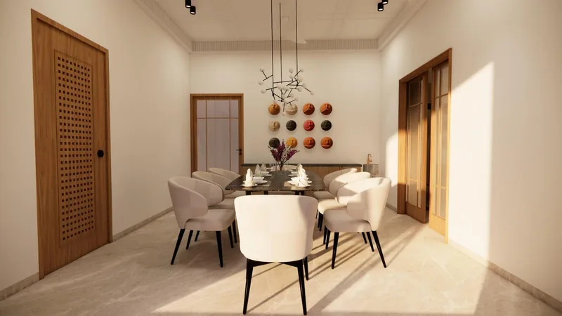 Dining table for six under a cluster of pendant lights
