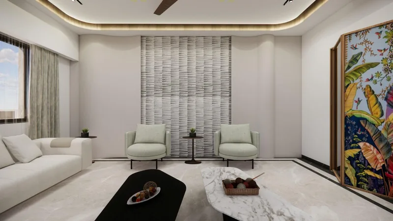 Sitting area with two armchairs in front of a textured stone feature wall