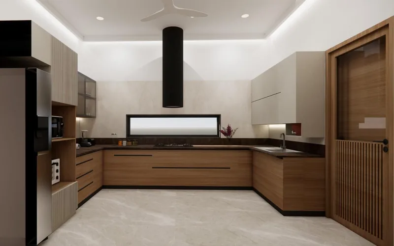U-shaped modular kitchen in walnut and grey with a black chimney