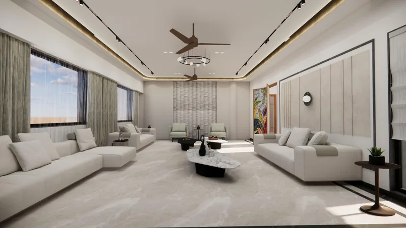 Long living room with two white sofas, a marble floor and a painted botanical screen