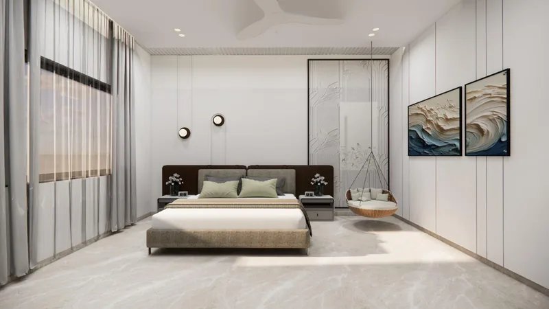 Master bedroom with a panelled wall, swing chair and wave artworks