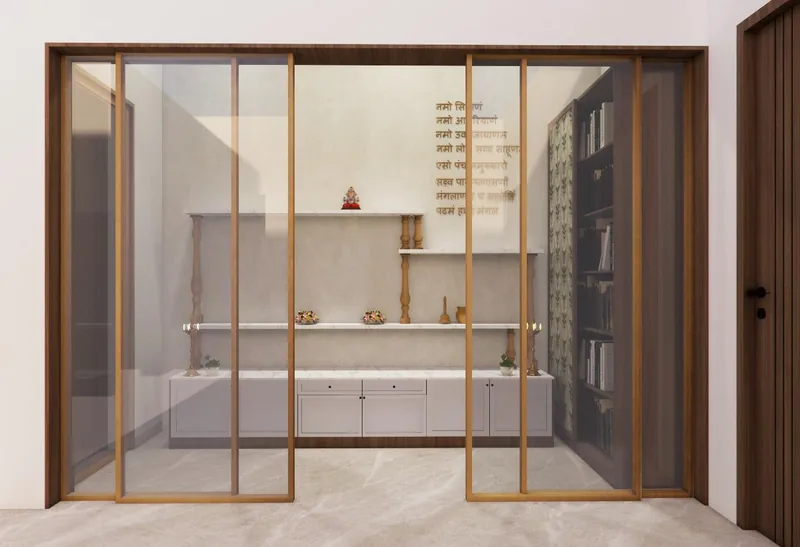 Glass-enclosed pooja room with stone shelves and wooden posts